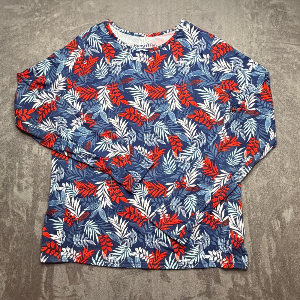 Hang Ten Sun Shirt Women Large Blue Red Tropical Leaf UPF 50+ Long Sleeve Pocket